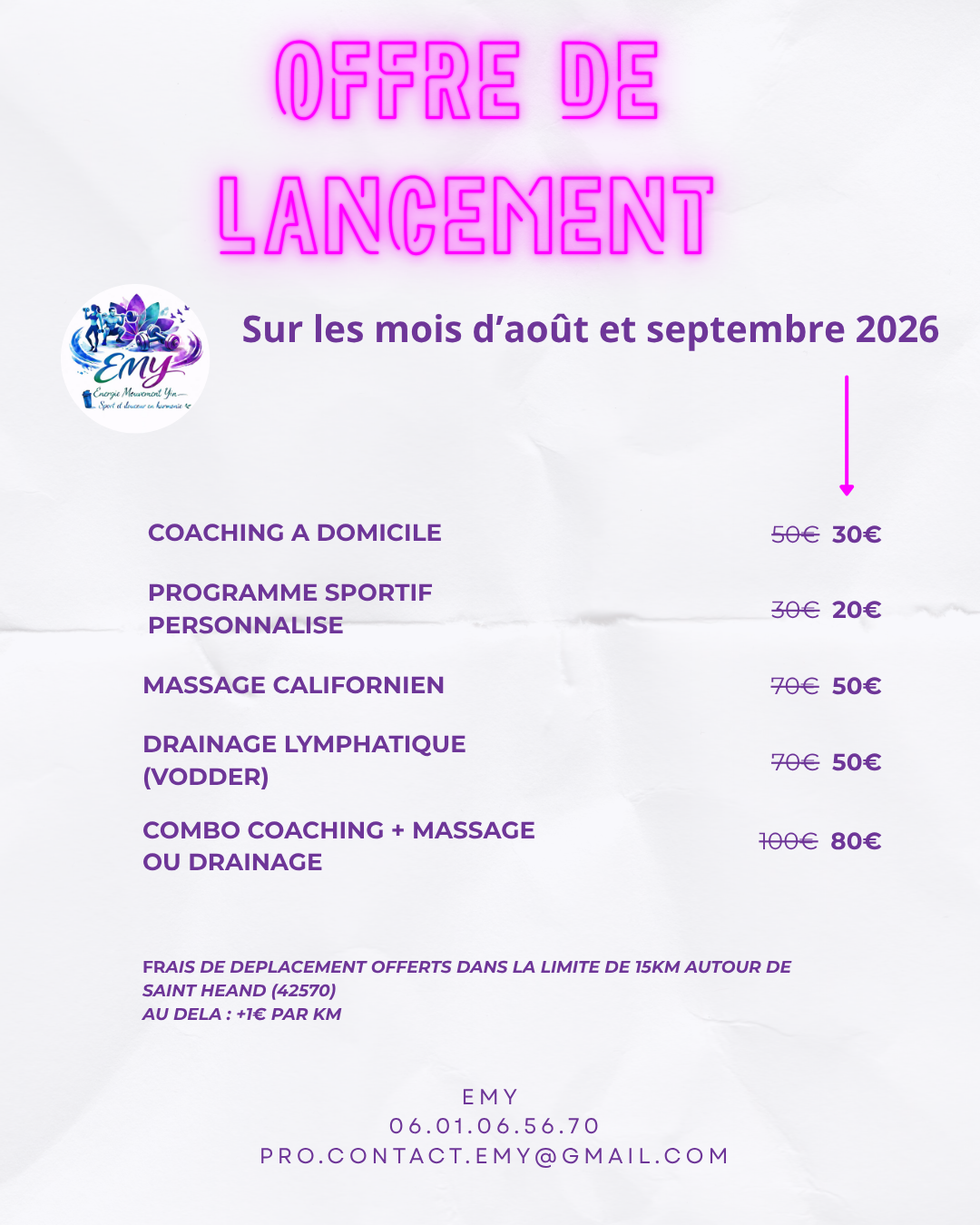 Offre de lancement EMY pour août et septembre 2026 avec les tarifs des prestations